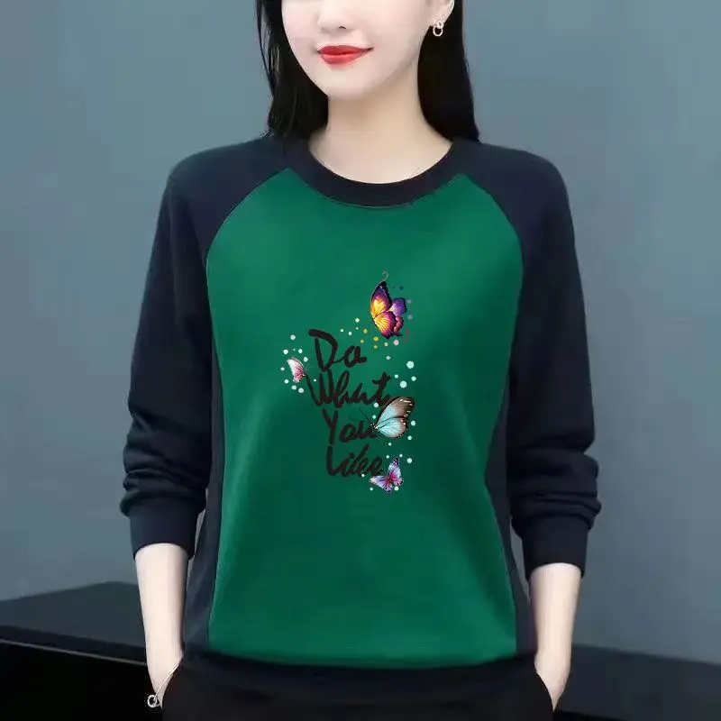 2024 New Spring Autumn Cotton Blouse Round Neck Middle-aged Sweater Women's Stitching Long Sleeve Plus Size T-shirt Casual Tops