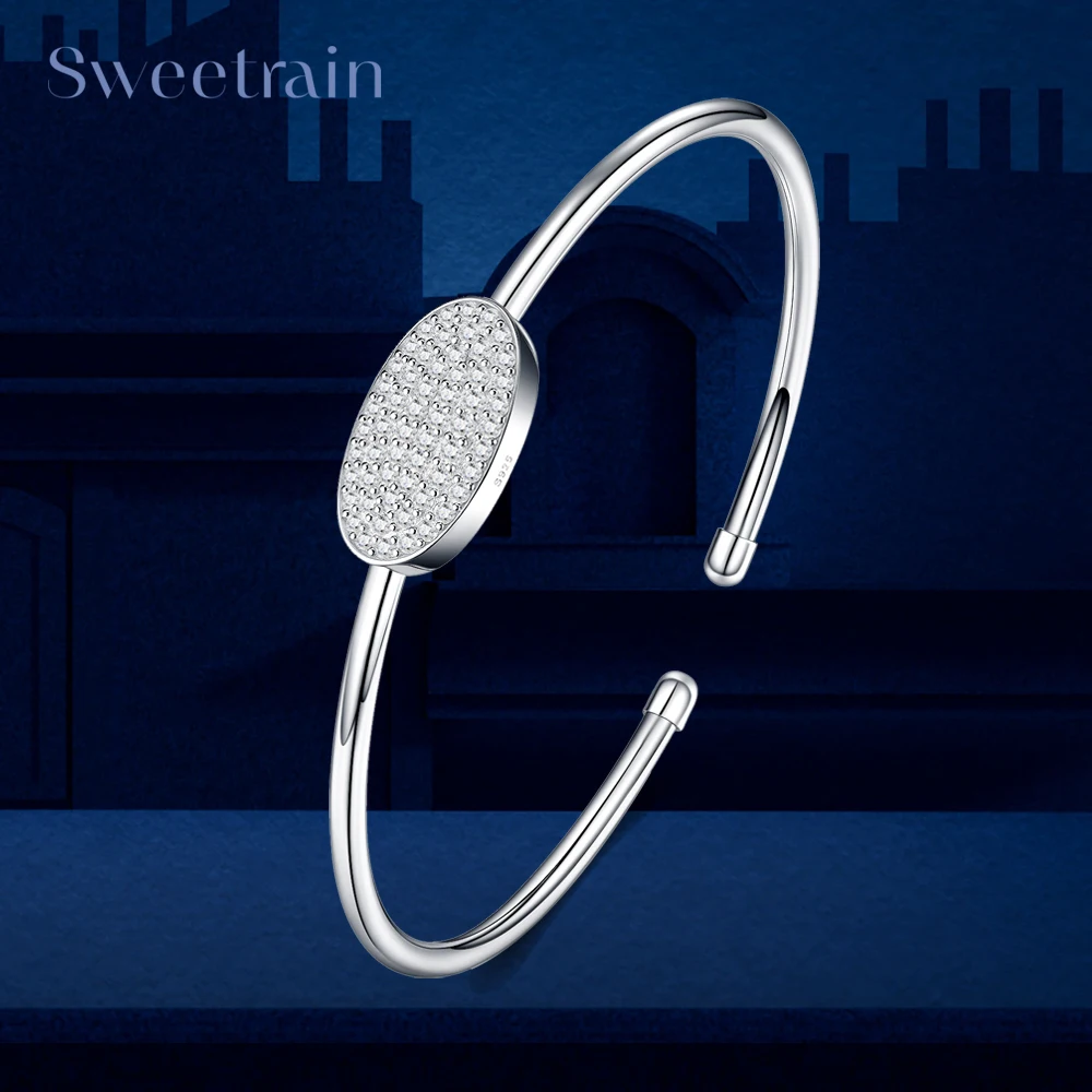 

Sweetrain 18K Plated All Moissanite Bangle Real 925 Sterling Silver Bracelet for Women Hand Opening Cuffs Wedding Birthday Gift