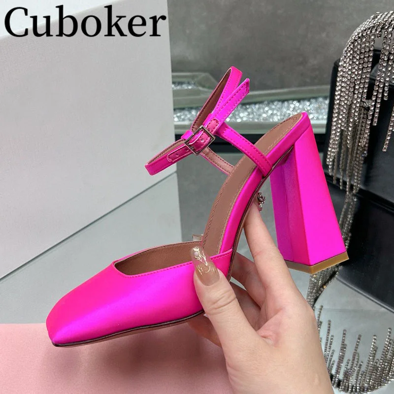 

Fashion Brand Designer Women Sandals High Heel Ladies Stain Slides Ankle Buckle Female Mules Summer Square Toe Women Sandals