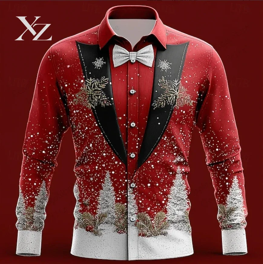 Snowflake Christmas Fake Suit 3d Print Long Sleeve Tuxedo Shirt Men Fashion Christmas Tree Single-breasted Blouse Mens Clothing