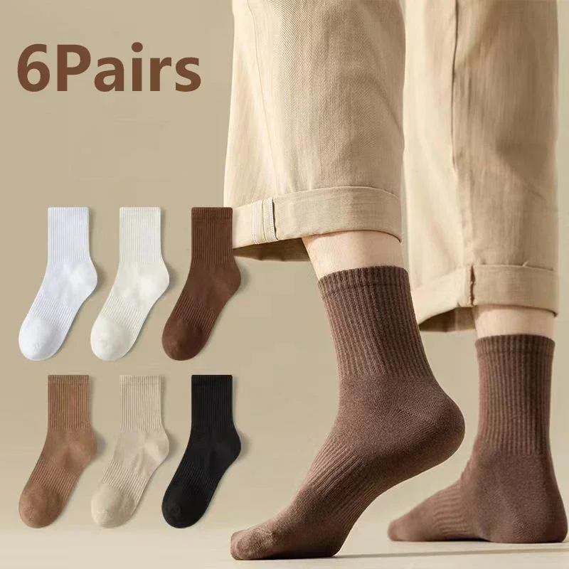 6 Pairs Cotton Blends Solid Middle Tube Socks Men Fashion Simple Striped Socks Women Breathable Casual Street Fun Sock