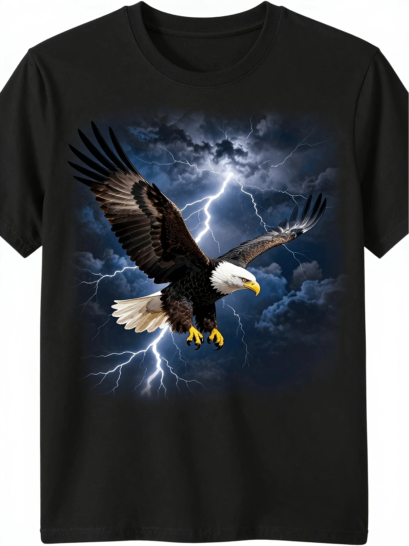 Vulture Lightning American Pattern T-shirt, Soft Breathable Fabric, Retro Flag Design, Eagle Lightning Print, Casual Short-sleeved Crew Neck T-shirt, Suitable As A July 4th Holiday Gift, Retro Casual Style All Year Round