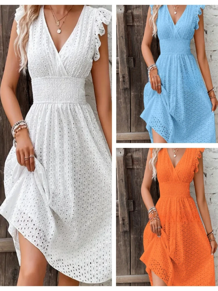 Sommer Neues Elegantes Figurbetontes V-Ausschnitt Kleid mit Lotusblatt-Ärmeln für Damen Modisches Übergrößen-Kleid Schicke Abendkleider Partykleider