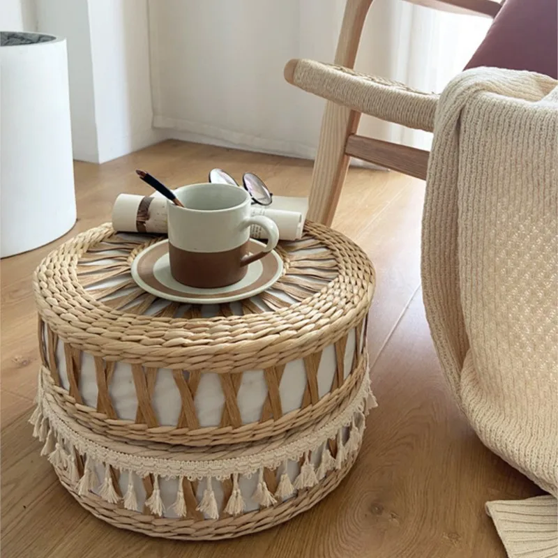MOMO Camping Hand-woven Cushion Japanese Tatami Floating Window Round Futon Straw Knitted Cushion Homestay Rattan Cushion