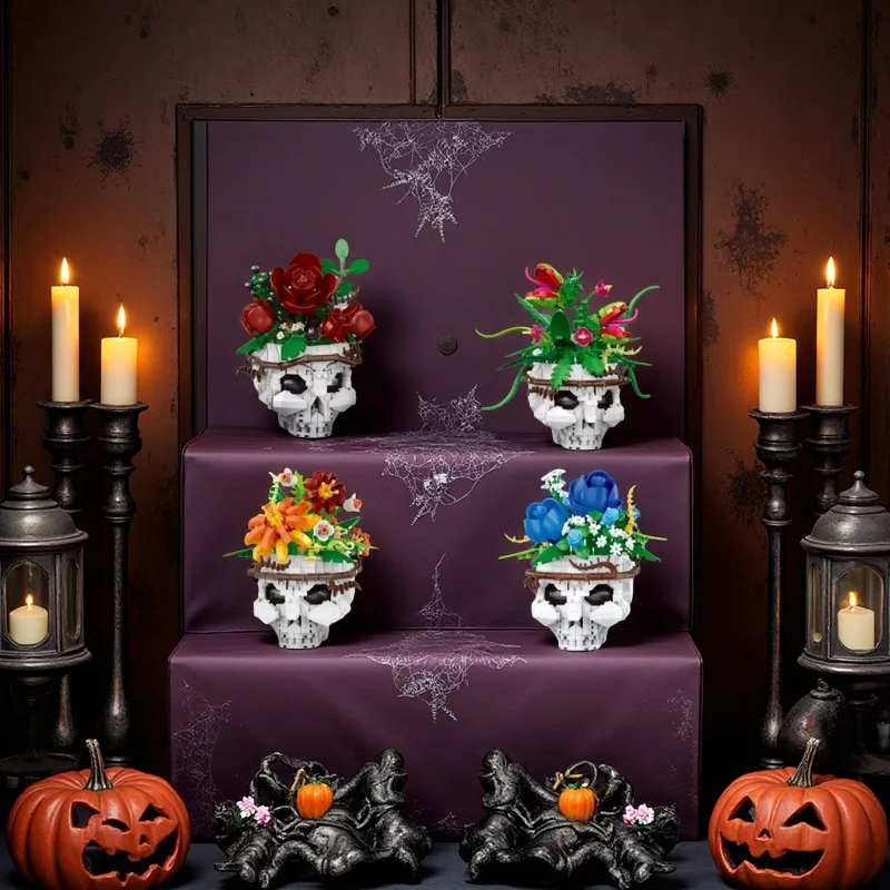 600+PCS Skull Flower Building Block Set - 4 Unique Styles Cool Fun Halloween Decorations And Gift Perfect for Creative Play
