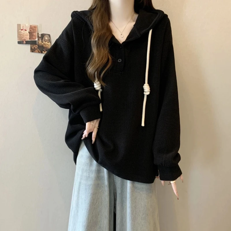 

Hooded Plus Size High Street Tops Spring Autumn New Trend Long Sleeve Solid Loose Fashion T Shirts Casual Korean Women Clothing