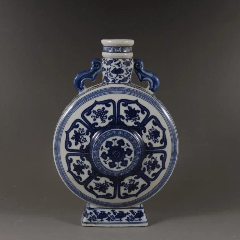 Qianlong-Chinese Classical Ceramic Vase Blue and White Eight Treasures Flat Vase Home Furnishing Porcelain Decoration, Ornaments