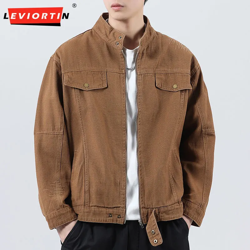 

Autumn Men's Classic Denim Jacket Locomotive Wind Wash Cotton Outwear Coats Retro Multi Pocket Lightweight Male Cargo Jacket