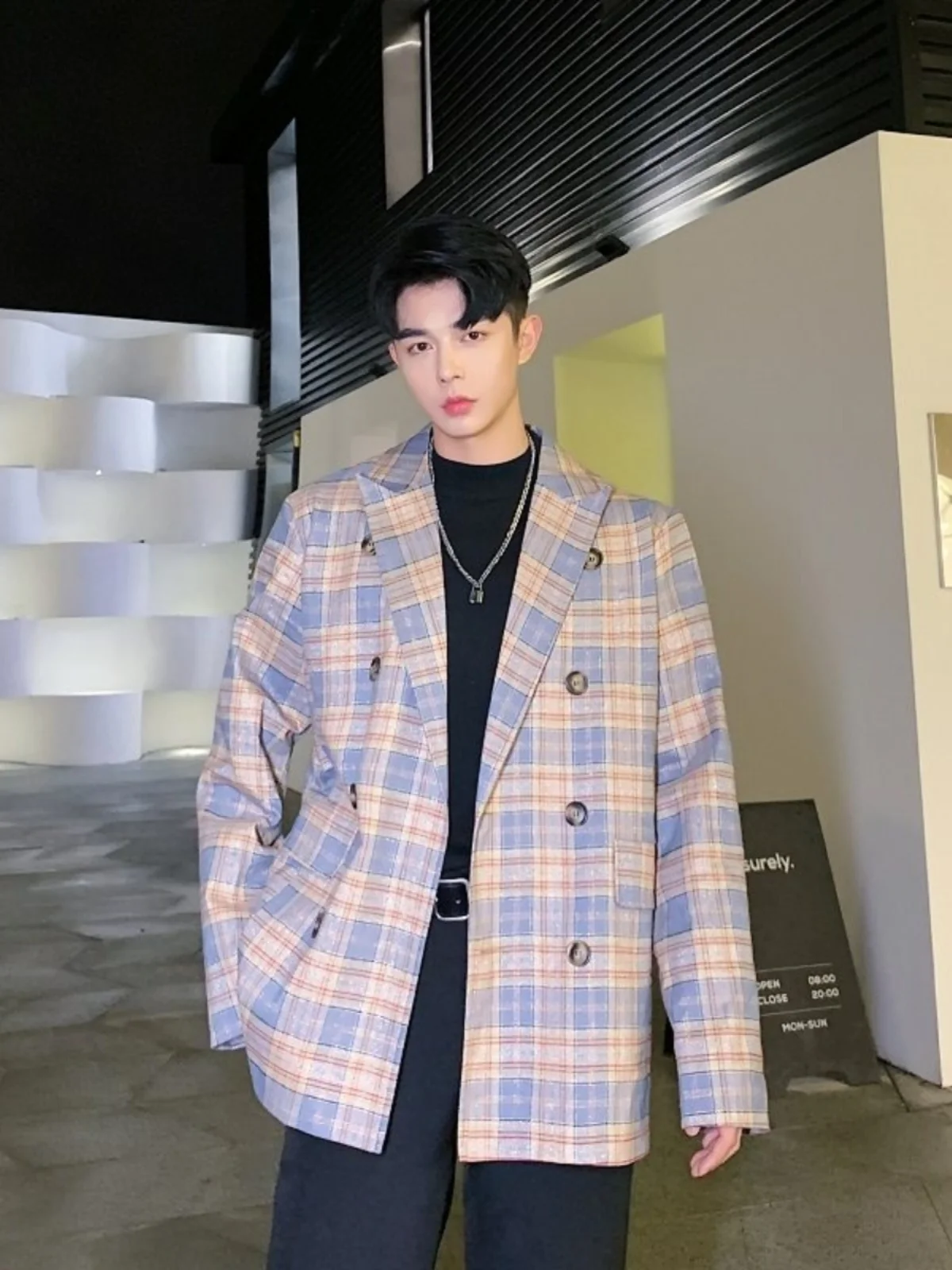 

Loose Men's Plaid Suit Jaet Autumn Faion Trend Korean Sle Versatile Long Sve Classic Collar Double Breasted Coat