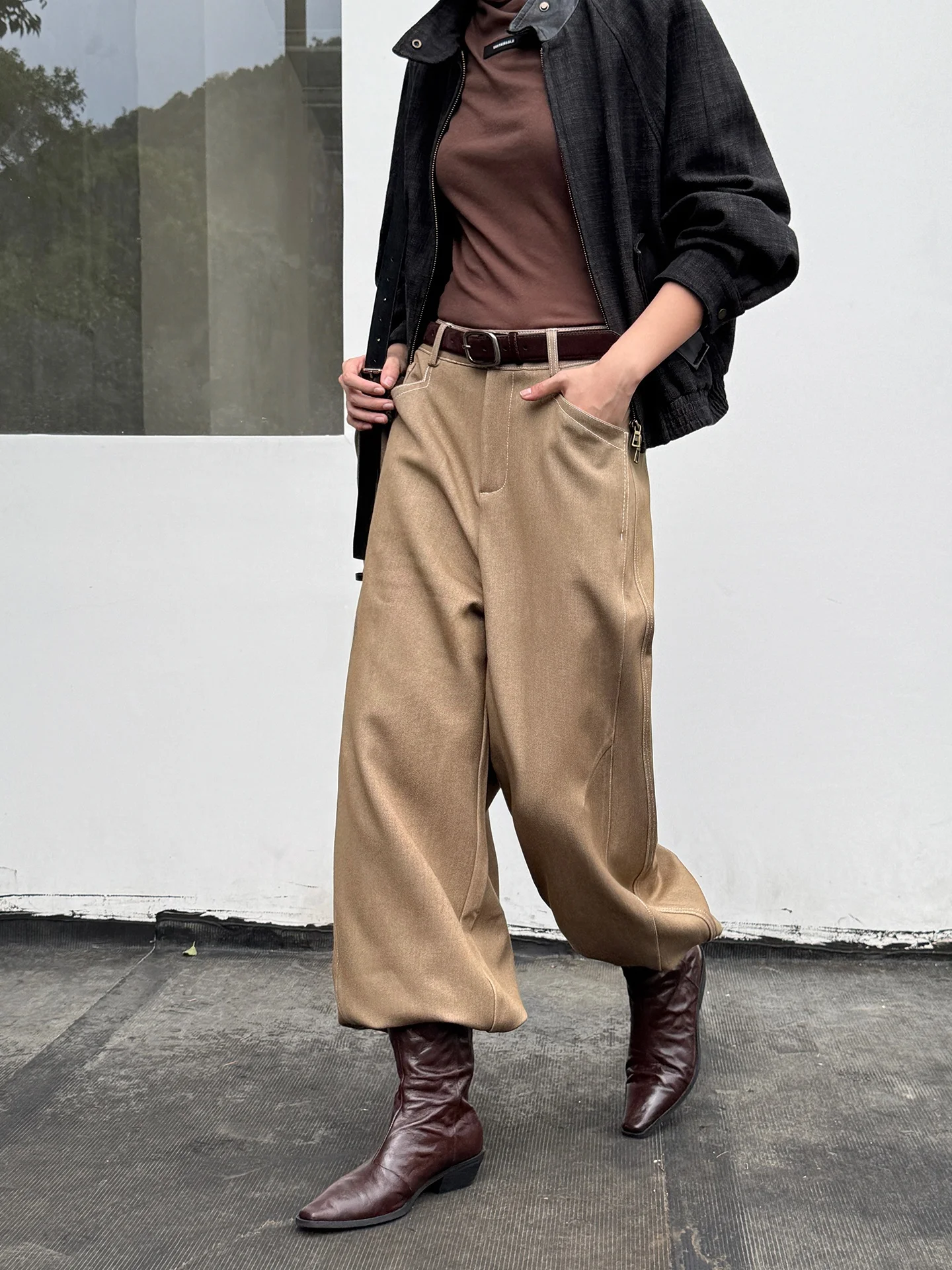 

Jieji Zhang Qi Spring Commuter Pants High Waist Wide Leg Casual Trousers Versatile Simple Sle Polyester Blend Straight Cut