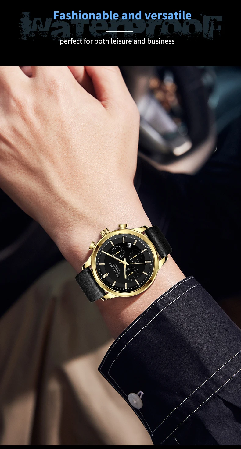 Hannah Martin Marke Herrenuhr Multifunktionales Timing-Zifferblatt Casual Sport Leder Original Quarzwerk Business-Armbanduhr für Herren – Detail 5