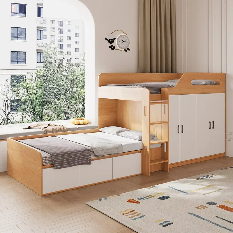 for All Solid Wood Bunk Beds Semi High Low Staggered Upper Lower Bunks Multi Functional Large Capacity Storage Wardrobe