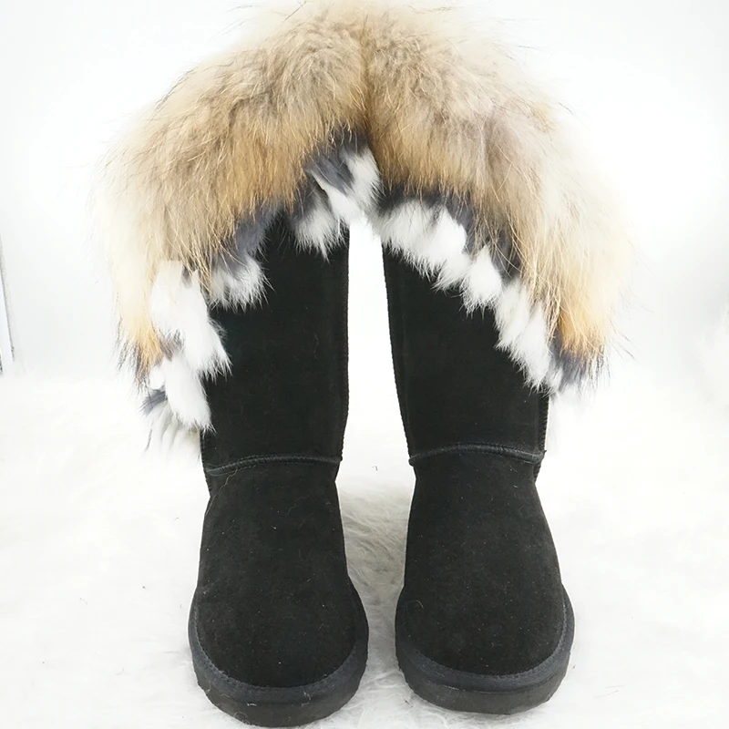 Moda natural real pele de raposa botas femininas de couro genuíno senhora botas de neve alta lã quente botas de inverno feminino botas longas sapatos