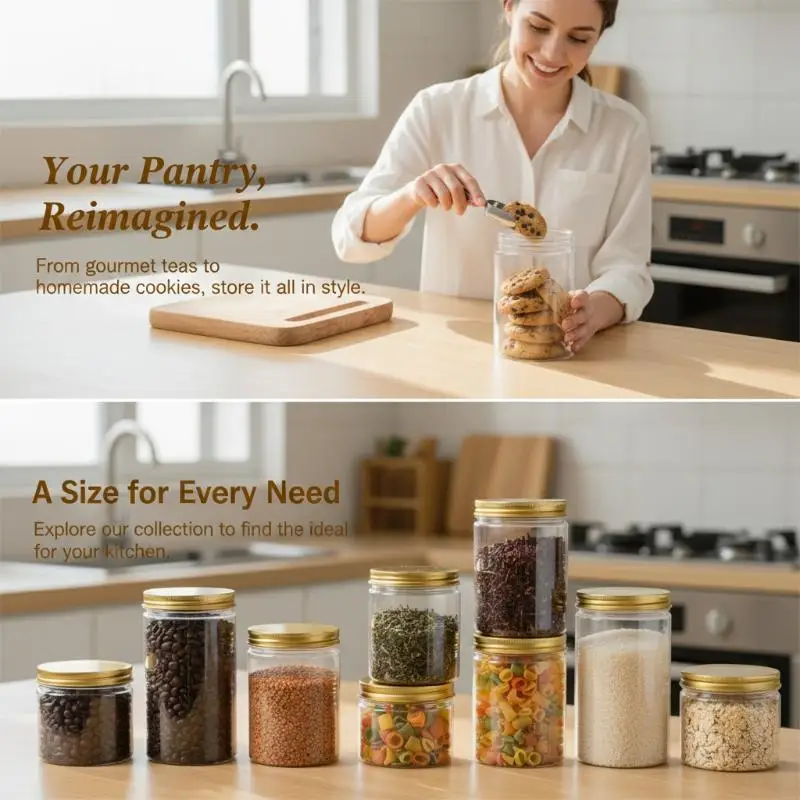 Aluminum Lid Sealed Jar PET Plastic Food Grade Storage Transparent Packing Bottle Candy Snacks Tea Preservation Jars.