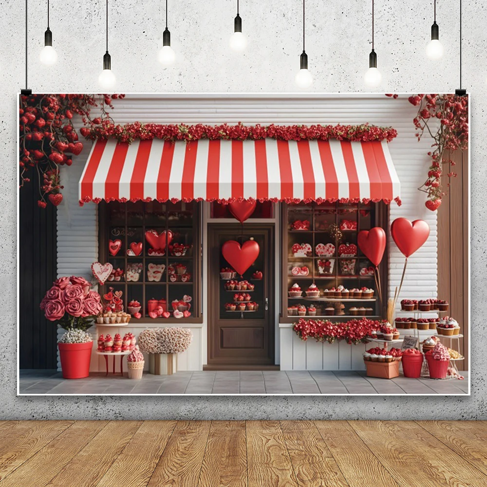 Happy Valentine's Day Flower Shop Photography Background Heart Balloon Cake Decor Couple Portrait Indoor Photo Studio Backdrops