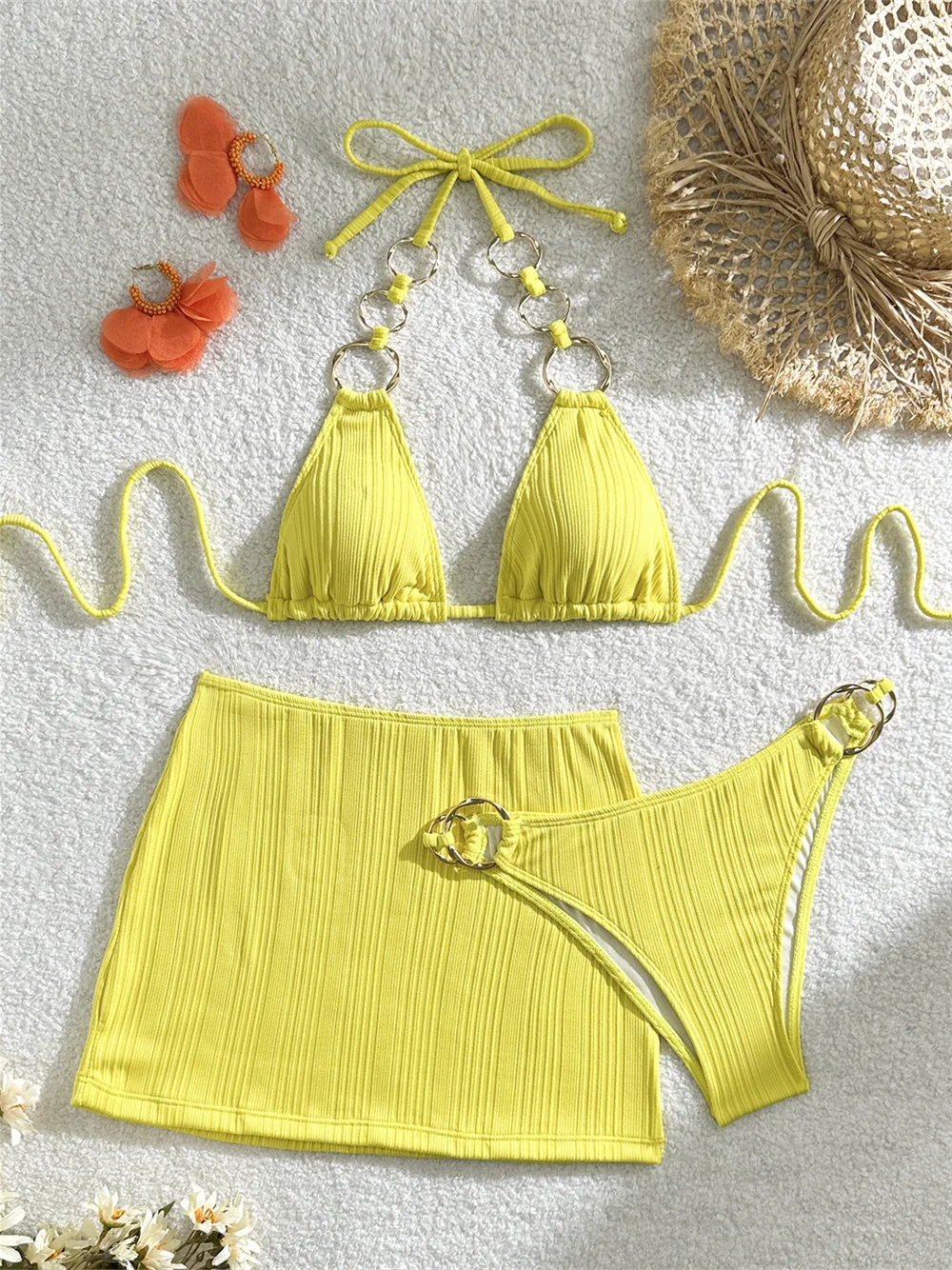 

Сексуальные кольца, удлиненное бикини Танга в рубчик, желтый купальник Y2K, пуш-ап, открытая спина, отпускной купальник, женская пляжная юбка, комплект для купания