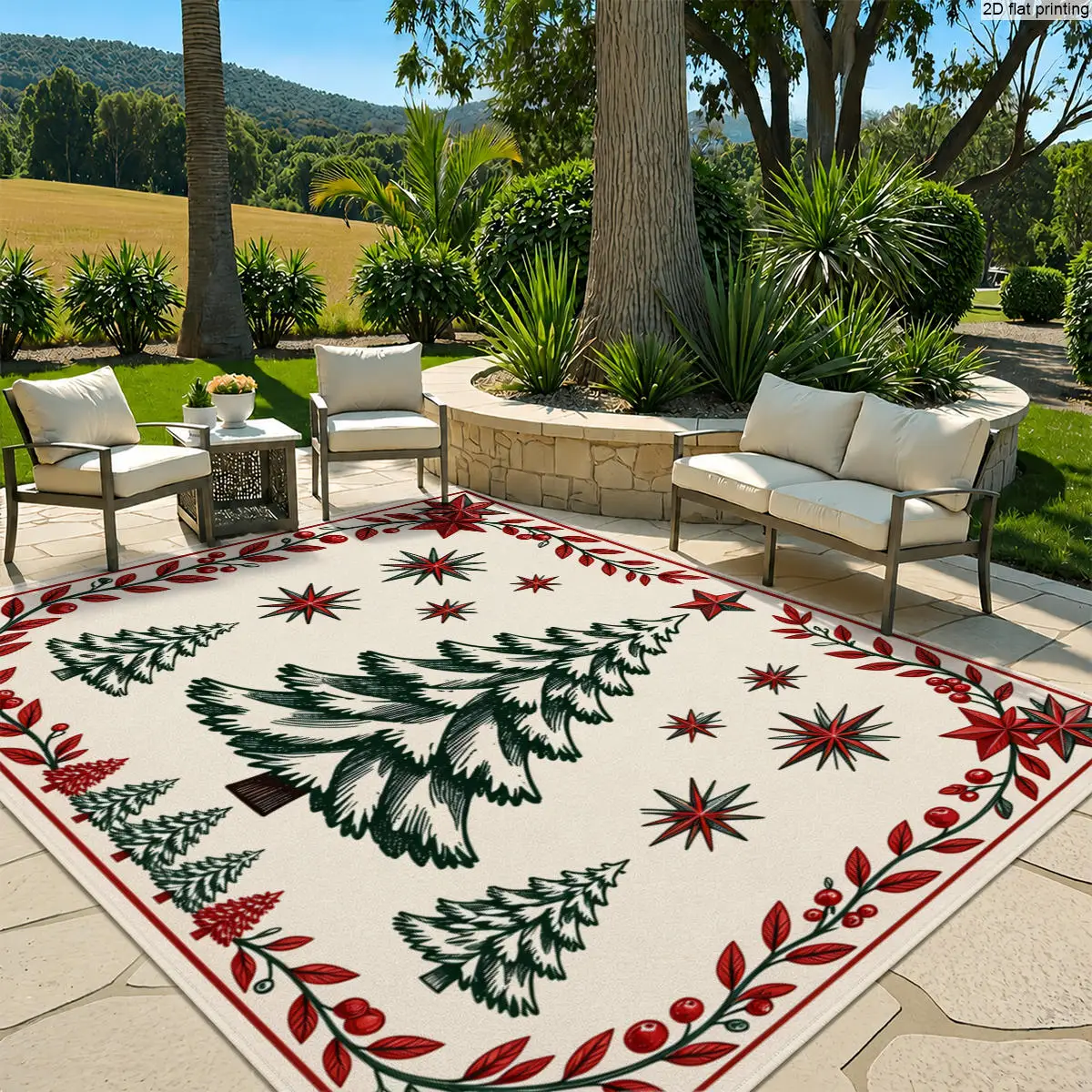 1pc Large Festive Red Rug, Tree, Leaf & Berry Pattern, Red Border, Green & Red Holiday Design for Living Room, Patio, Bedroom