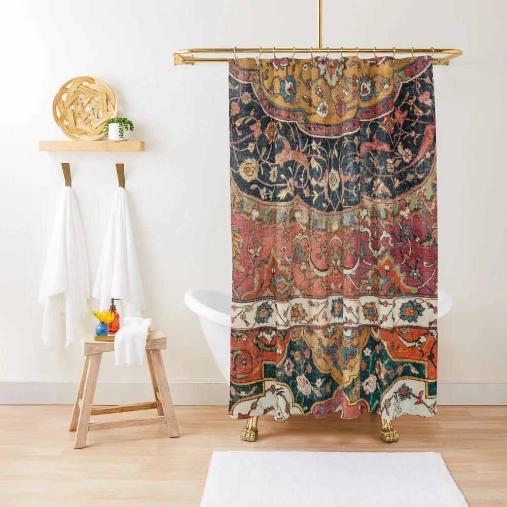 Persian Medallion Rug IX // 16th Century Distressed Red Green Blue Flowery Colorful Ornate Pattern Shower Curtain Cover Curtain