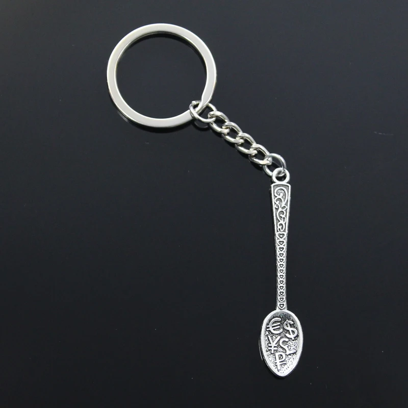 New Fashion Men 30mm Car Keychain DIY Metal Holder Chain Vintage Dollar Spoon Money 57x12mm Silver Color Pendant Gift