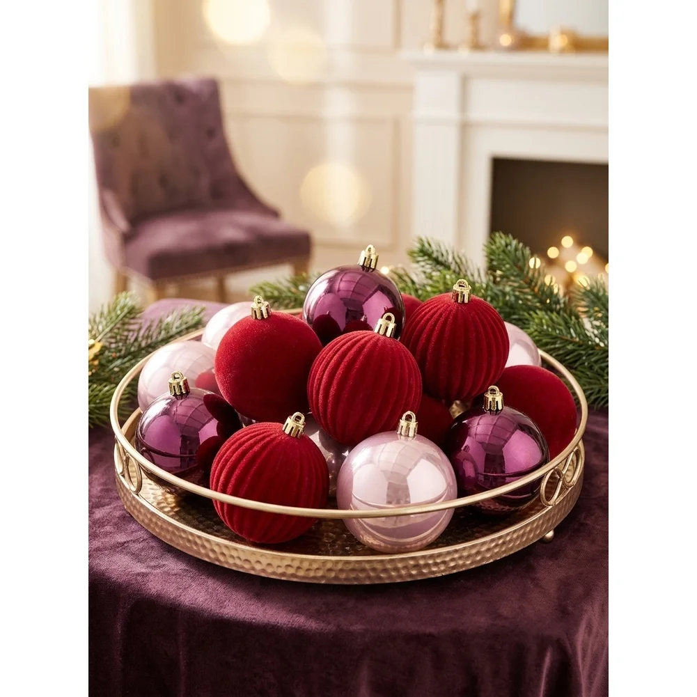 Purple Flocking Christmas Ornaments 39pcs 6cm Assorted Shaped Baubles European Style Polystyrene Hanging Decor For Xmas Tree