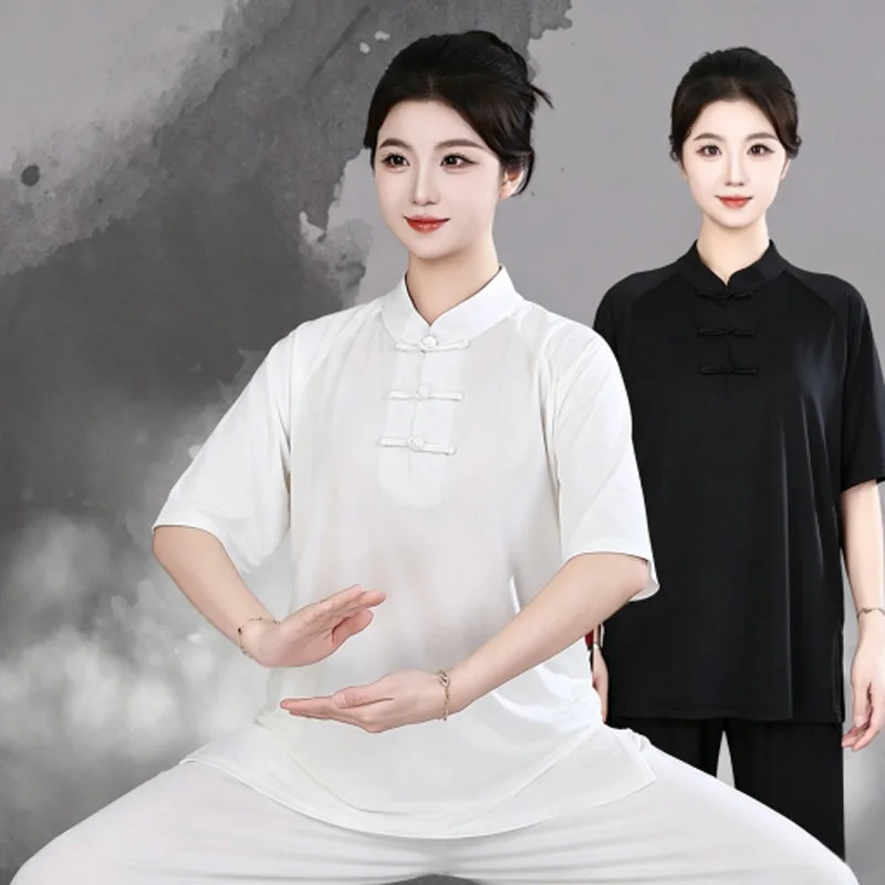 Chinese Traditional Wushu Tang Clothes Tops Summer Mandarin Collar Blouse Vintage Button Shirt Casual Tai Chi Practice Outfit