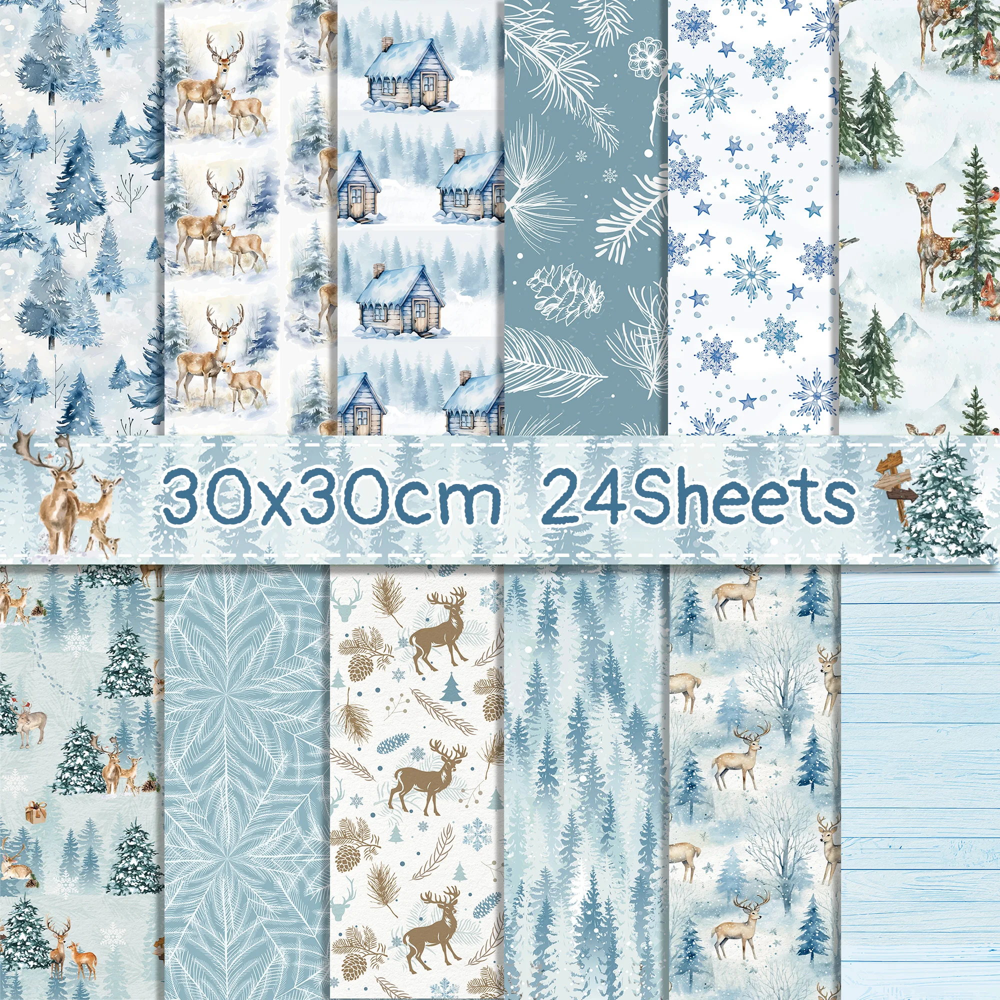 24 Stück Winterwald-Hirsch-Scrapbook-Papier 30x30cm Blaues Schneeflocken-Dekorationspapier für Journaling, Kartengestaltung, DIY-Bastelbedarf