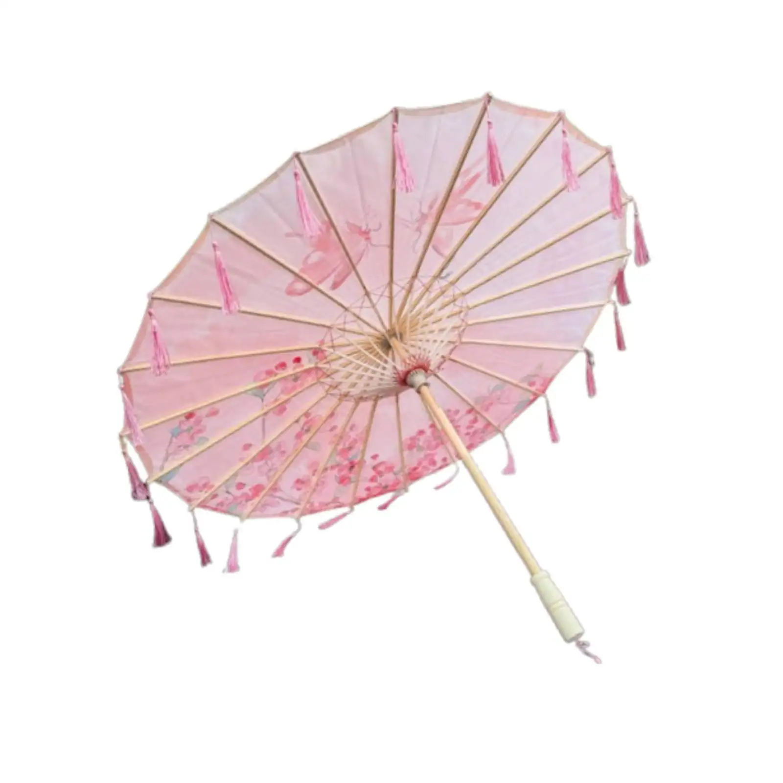 Handmade Chinese Umbrella Parasol Silk Cloth Wood Floral Pattern Rainproof Sunshade for Cosplay Dance Festival Events