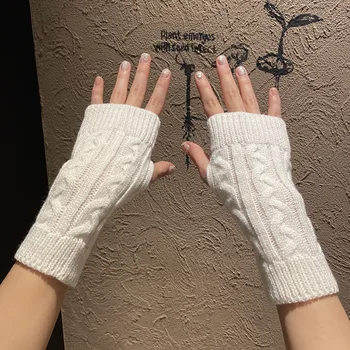 女性用ミンクフリースハーフフィンガーグローブ、ニットフィンガーレスグローブ、リストミトン、モノクロ、ホワイト、ぬいぐるみ、暖かい、柔らかい、贅沢、書き込み、冬