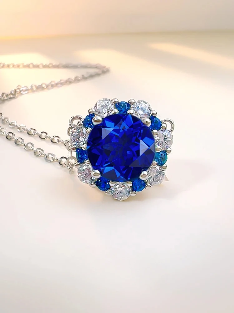 Fashionable luxury versatile pure silver sapphire blue pendant set paired with high carbon diamond wedding jewelry
