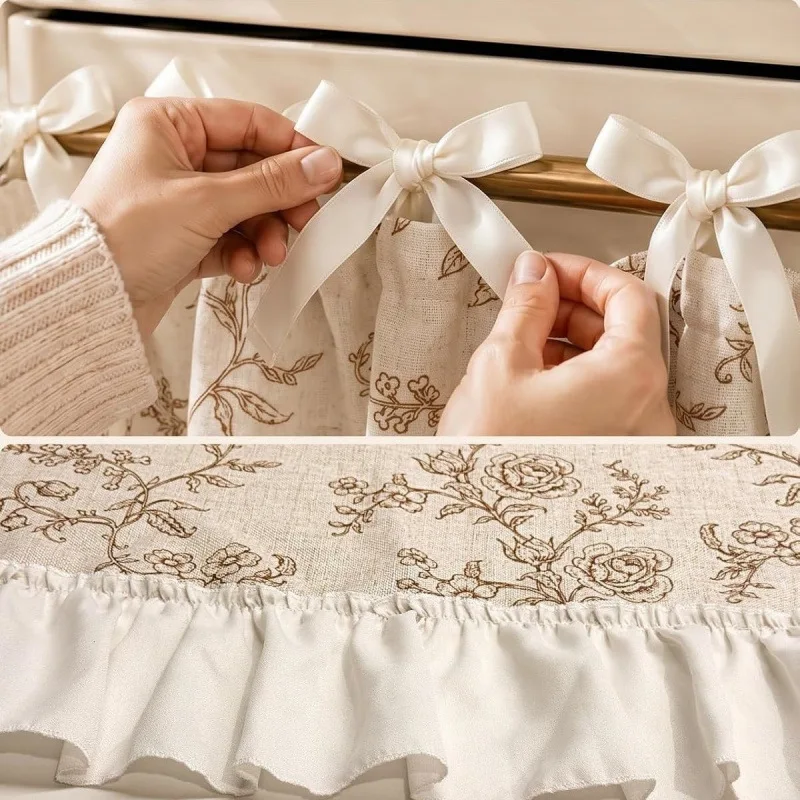 Farmhouse Cabinet Curtain Cotton Linen Tie‑Up Short Curtain Ruffled Edge Dust‑Proof Decorative Curtain for Kitchen Oven Cabinet