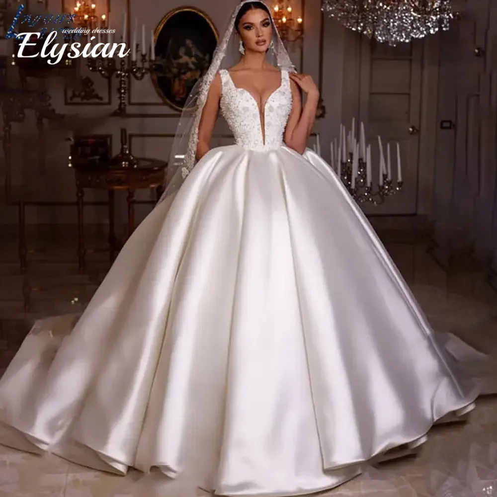 Customized Romantic Sweetheart Spaghetti Strap Ball Gown Pearls Lace Pleat Floor-Length Beading Satin Wedding Dress