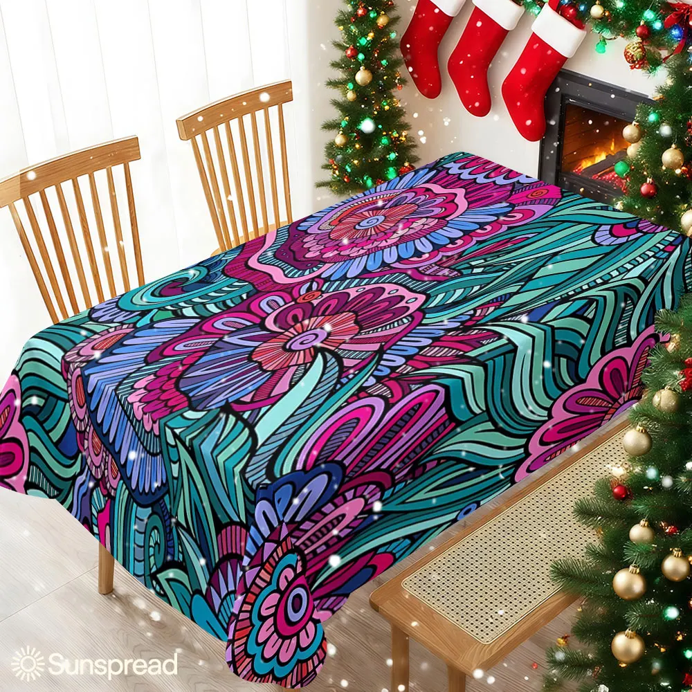 Bohemian Blooms Table Cloth Waterproof Tablecloth Spill Proof Table Cloth, Wipe Clean Table Cloth for Dining Camping
