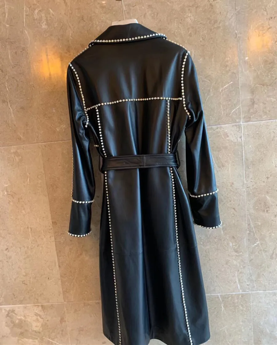 Trench-coat en cuir pour dames, manteau de fourrure de piste, peau de mouton diamantée, ceinture longue