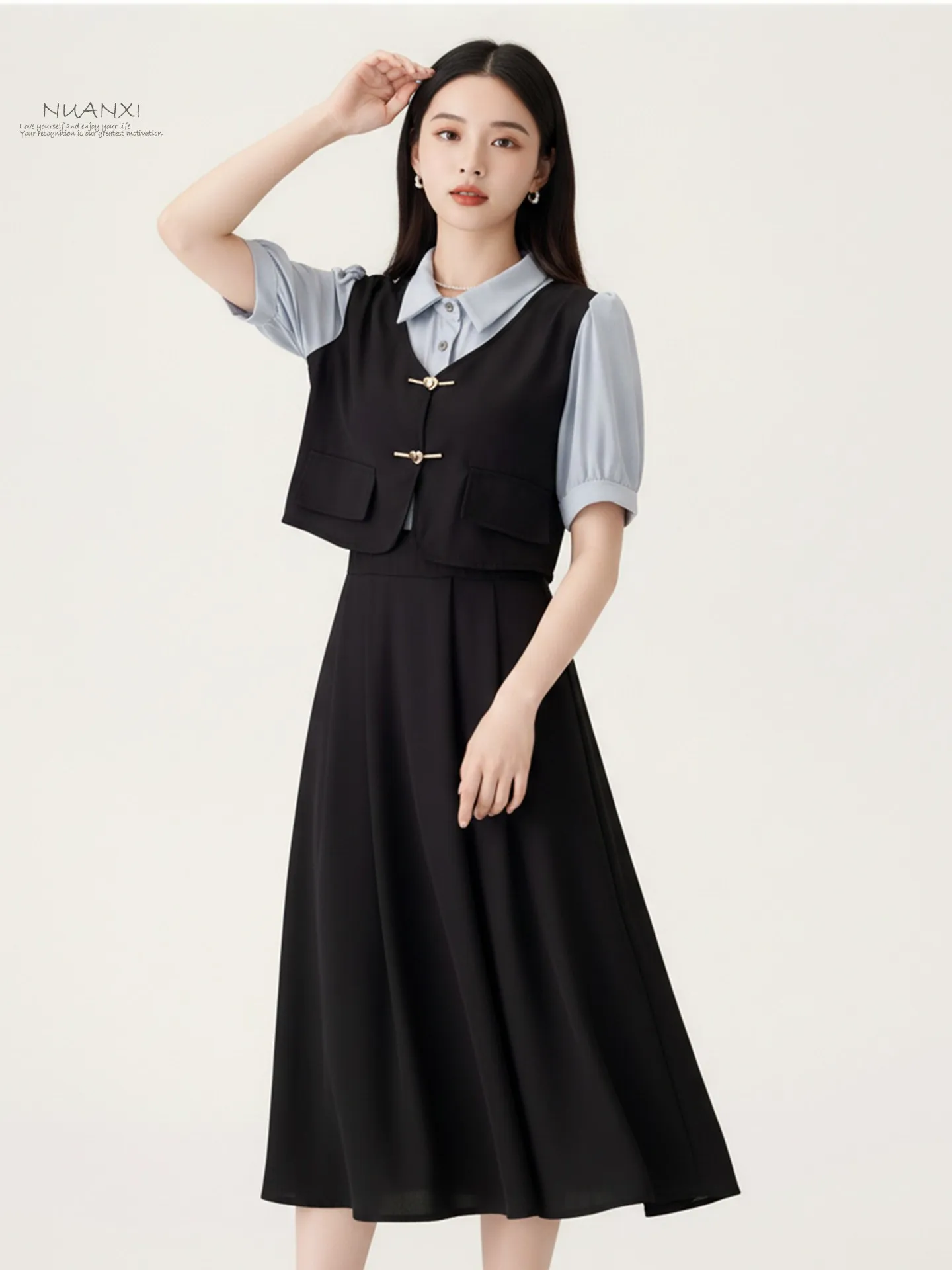 

Nuanxi College Sle Fake Two-Piece Set Women's Spring Collar ort Sve Interview Commute Faion Small Size