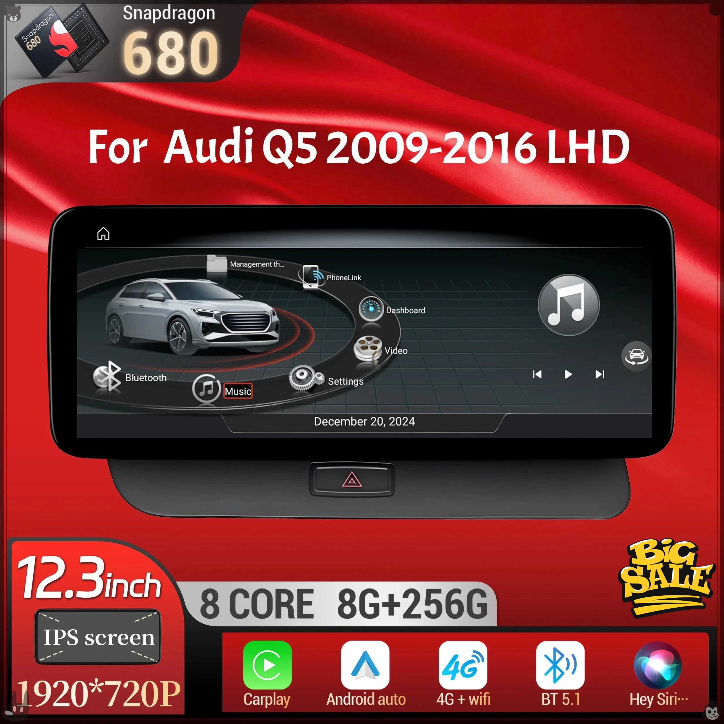 12.3 inch For Audi Q5 2009-2016 Android 14 Left Hand Drive Car Radio Wireless BT Carplay Qualcomm Snapdragon 680 System Screen