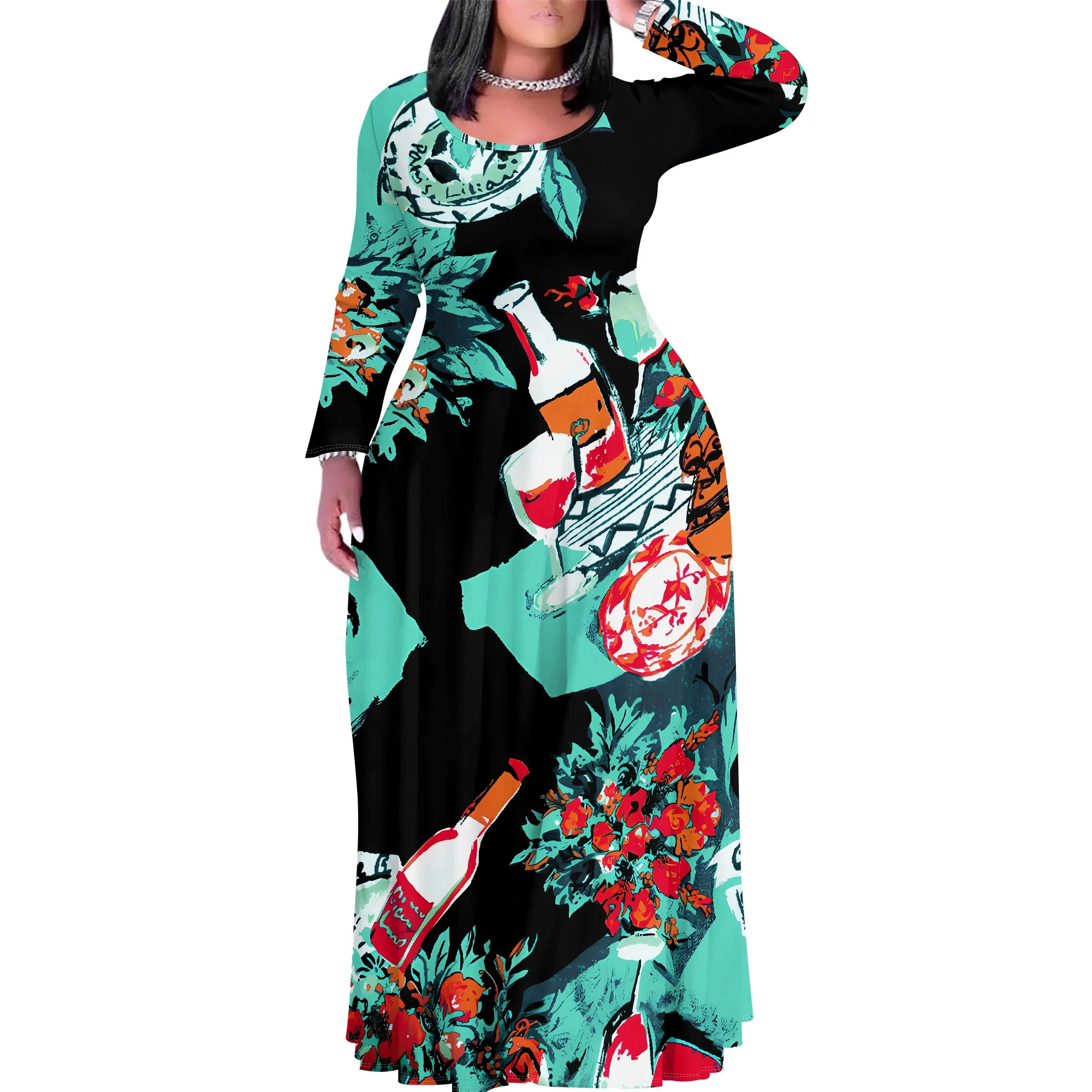 

Women's Summer/Fall Fashion Printed Long Sleeve Splits On Both Sides Maxi Dress Round Neck Long Sleeve Maxi Dress