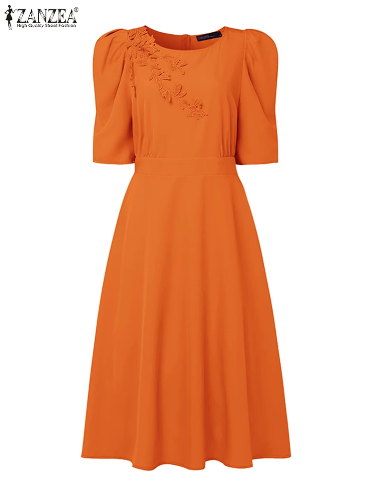 

ZANZEA Elegant Long Dress Women Half Puff Sleeve Solid Color Midi Sundress 2025 Summer 3D Flower Casual Waisted Party Vestidos