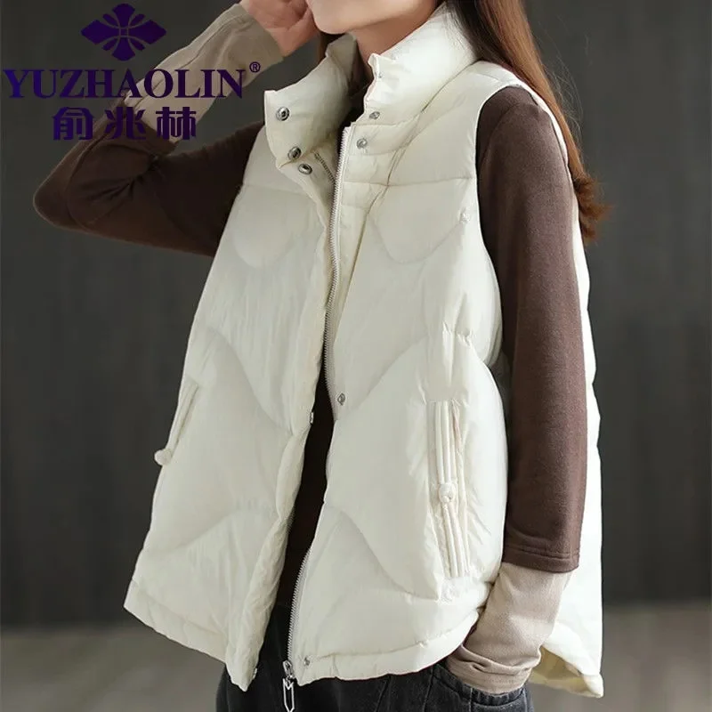 Women Korean loose thickened literature art button top winter stand collar solid color fashion white duck down Down jacket vest