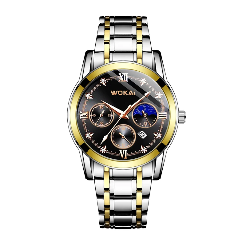 

WOKAI brand high quality luxury steel band men's calendar quartz watch business sports men's waterproof clock retro