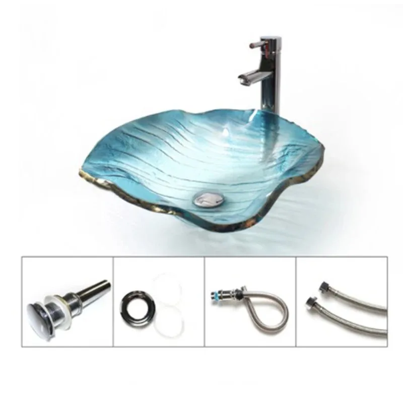 440*440*145mm Washroom Hand Wash Pool with Drainer Glass Sinks Bathroom Washbasin Glossy Blue Countertop Art Basin
