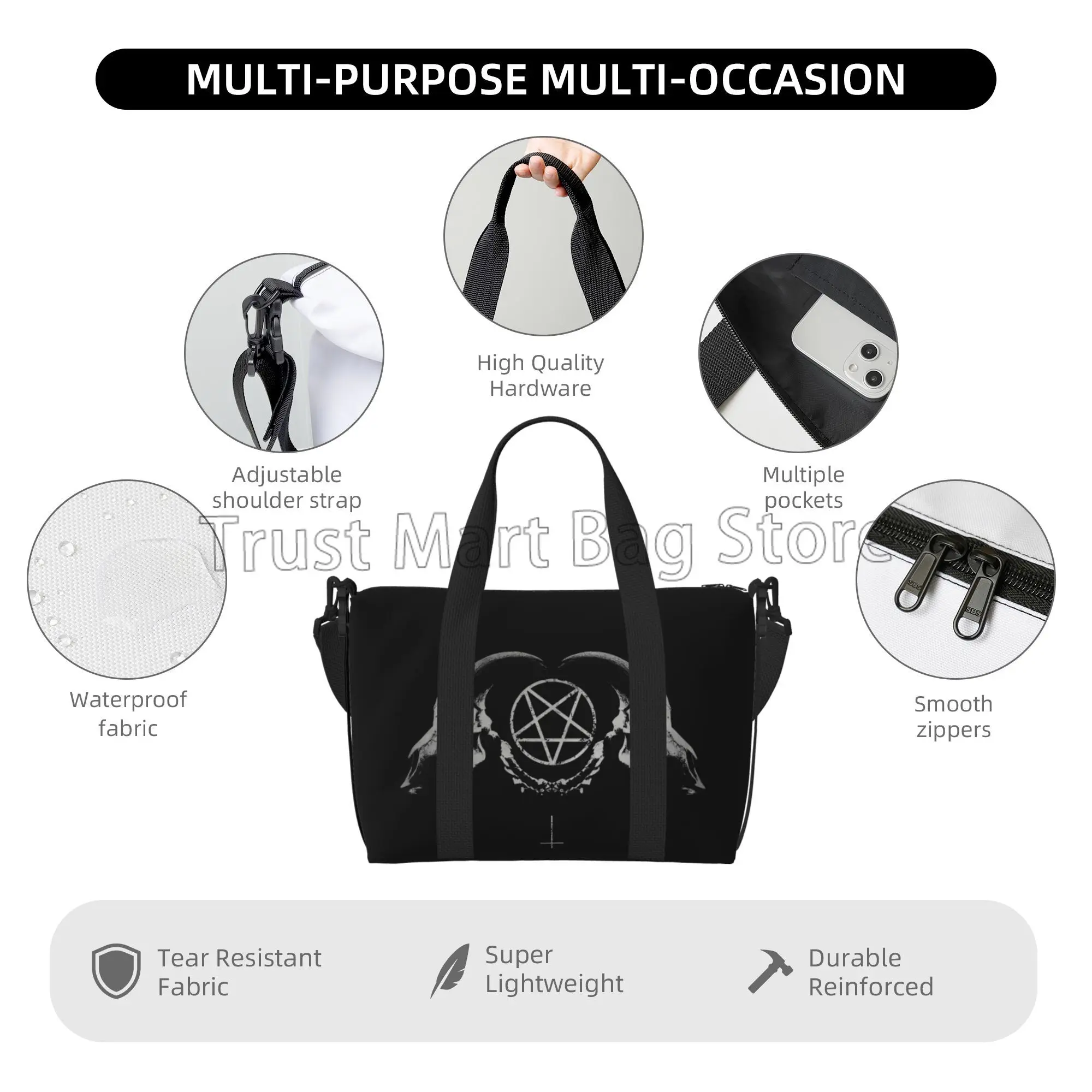 Pentagram Satantic Occult Church of Satan Goat Goth Travel Duffle Bags Unisex Multifunctional Durable Handbags Weekender Bag