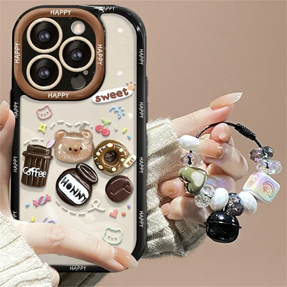 Cute  3D Bear Coffee Cherry Bell Bracelet Soft Phone Case For iPhone 15 14 13 12 11 Pro Max Plus Cartoon Case