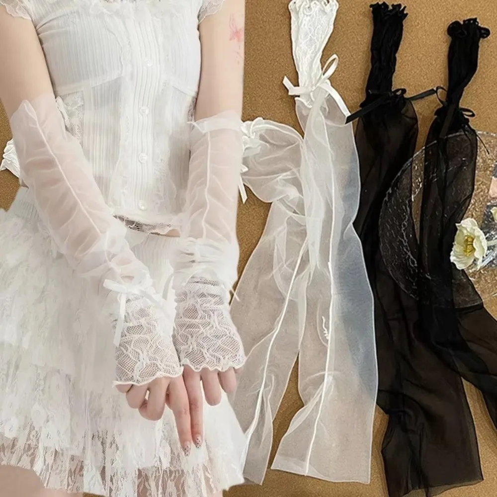 

Y2K Lace Ruffle Mesh Gloves Bowknot Sheer Fingerless Gloves Tulle Sun Protection Lolita Gloves
