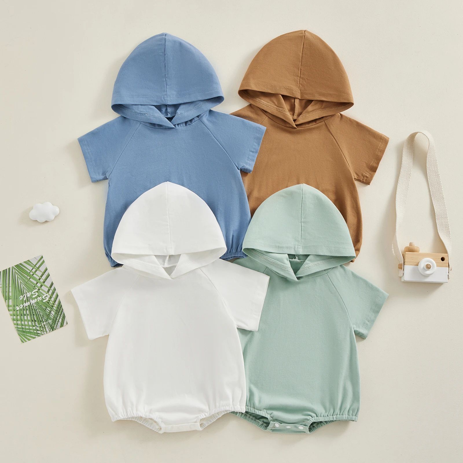 Unisex Baby Hooded Rompers Infant Bubble Short Sleeve Solid Color Casual T-Shirt Bodysuit Top Summer Baby Jumpsuits Clothes