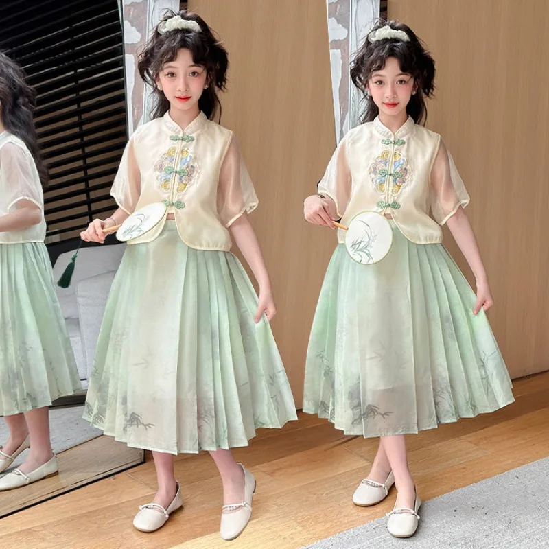 

Girls Short Sleeved Dress Chinese Style Children Weaving Buttons Summer Dress Kids Princess Dress Set 2025 New