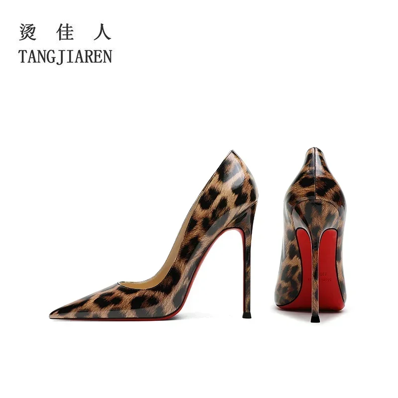 2024 New  High Heels Women\'s Thin Heels Shallow Mouth French Sexy Leopard Print Mesh Red Single Shoes 12CM Large