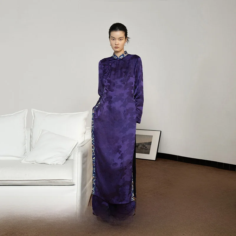 

New Women's Long irt Mixed Fiber Embroidery Autumn Winter New Sle Slit Design Straight Cut Button Detail Silk Blend irt