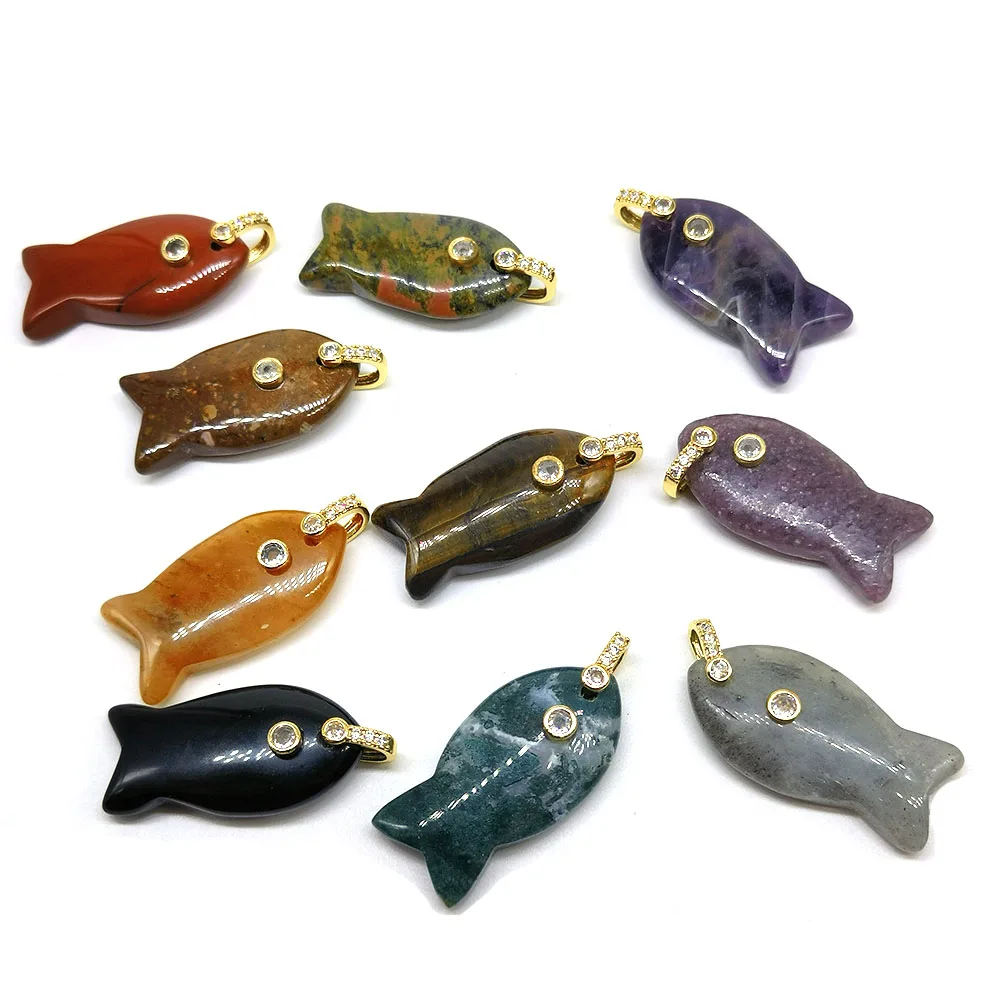 44x20mm Fish Statue Natural Crystal Stones with Zircon Amethyst Quartz Tiger Eye Animals Figurine for Diy Necklace Pendant Gift
