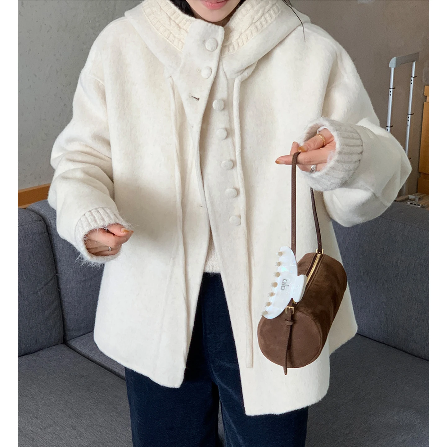 

Kintted Hooded Woolen Coat Women's 2026 Autumn Winter Korean Loose Jackets Female Fashion Single-breasted Warm Outerwear(JL5257