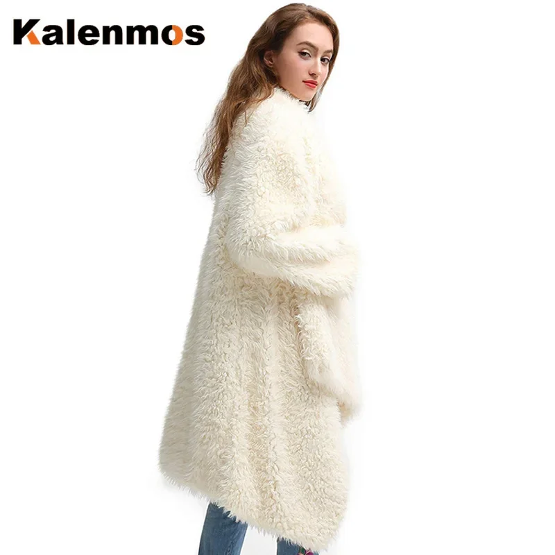 Fur Long Coat Women Spring Autumn Cardigan Fleece Loose High Street Jacket Solid Open Stitch Flocking Maxi Tops Jackets Blends